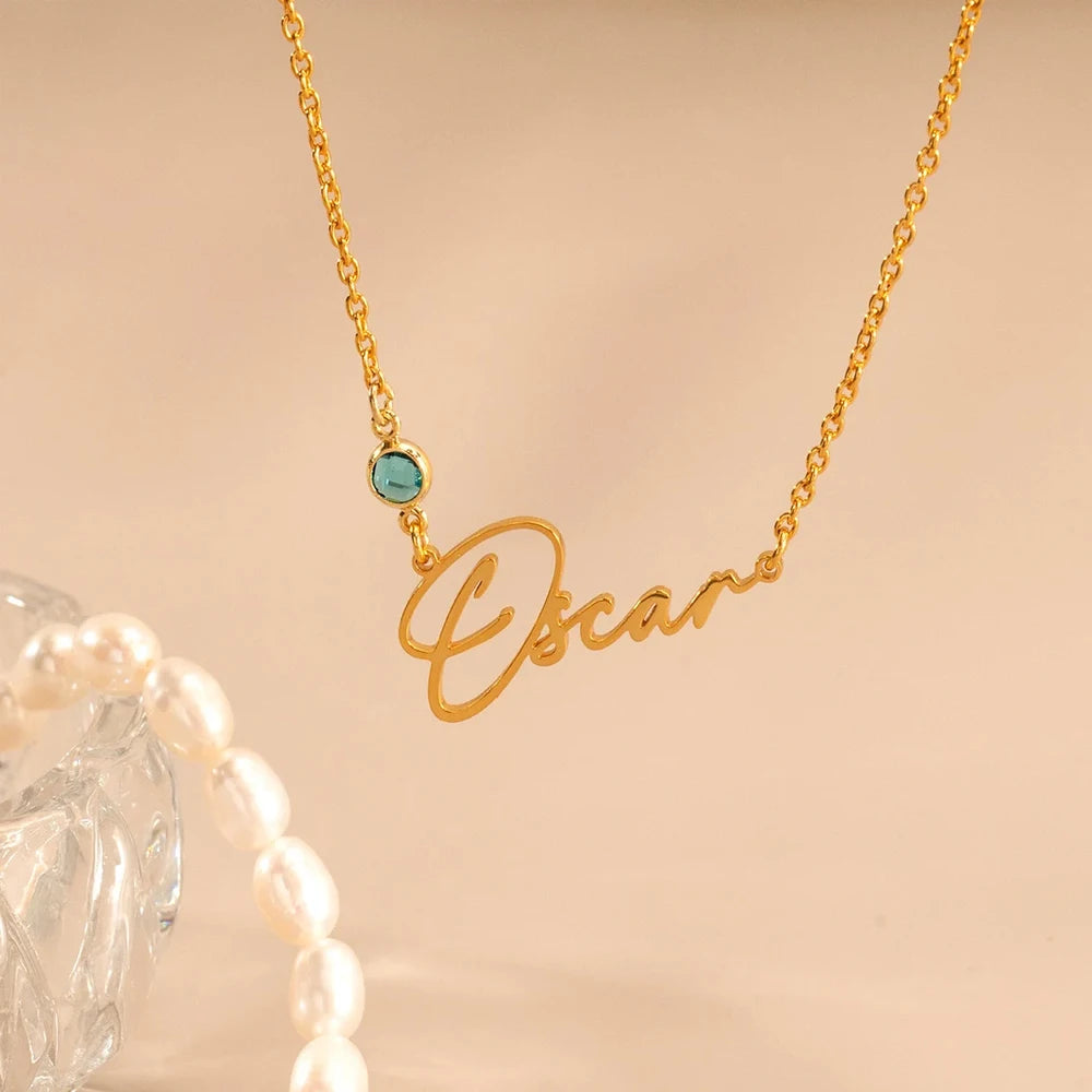 Personalised Nameplate Necklace with Birthstone Charm – Varex HQ