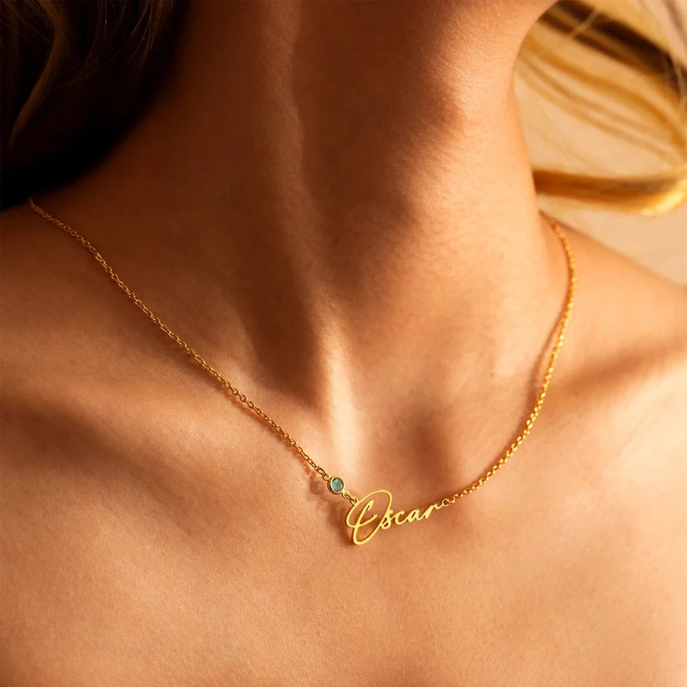 Personalised Nameplate Necklace with Birthstone Charm – view 6 – Varex HQ