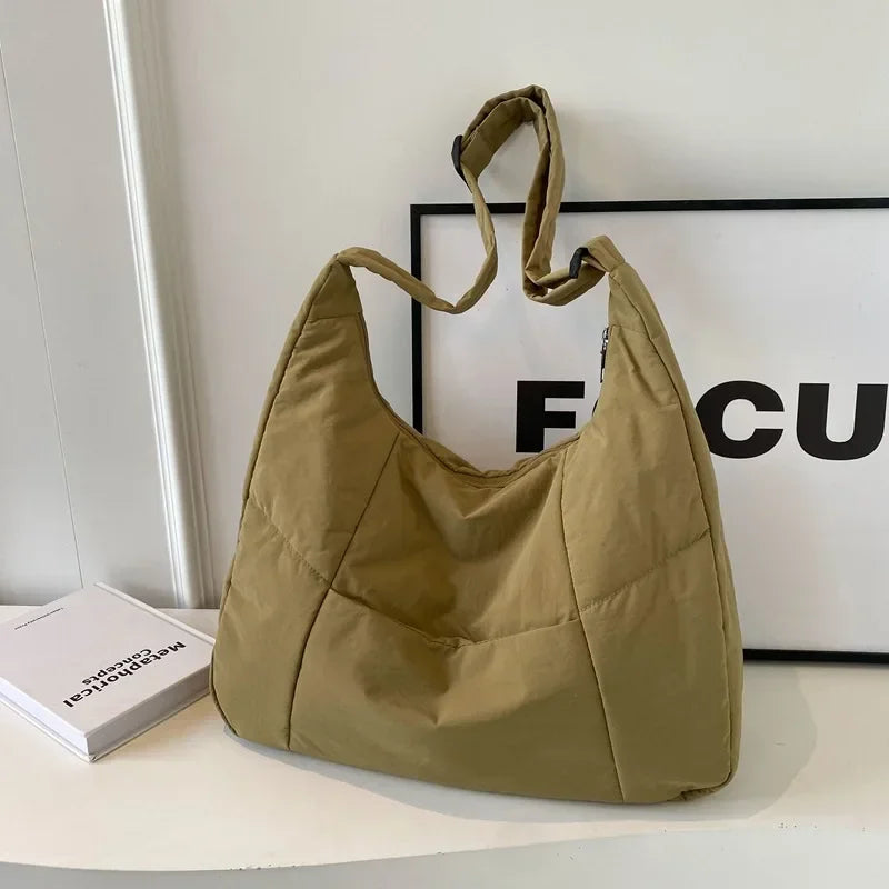 Quilted Nylon Hobo Bag – Padded Crossbody Shoulder Tote, Khaki, 40×27×15cm – Varex HQ