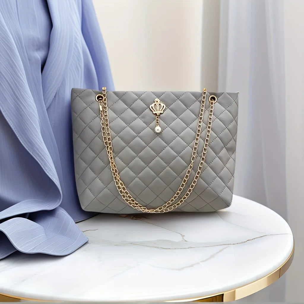 Pink quilted vegan leather shopper tote - interior view showing spacious main compartment
