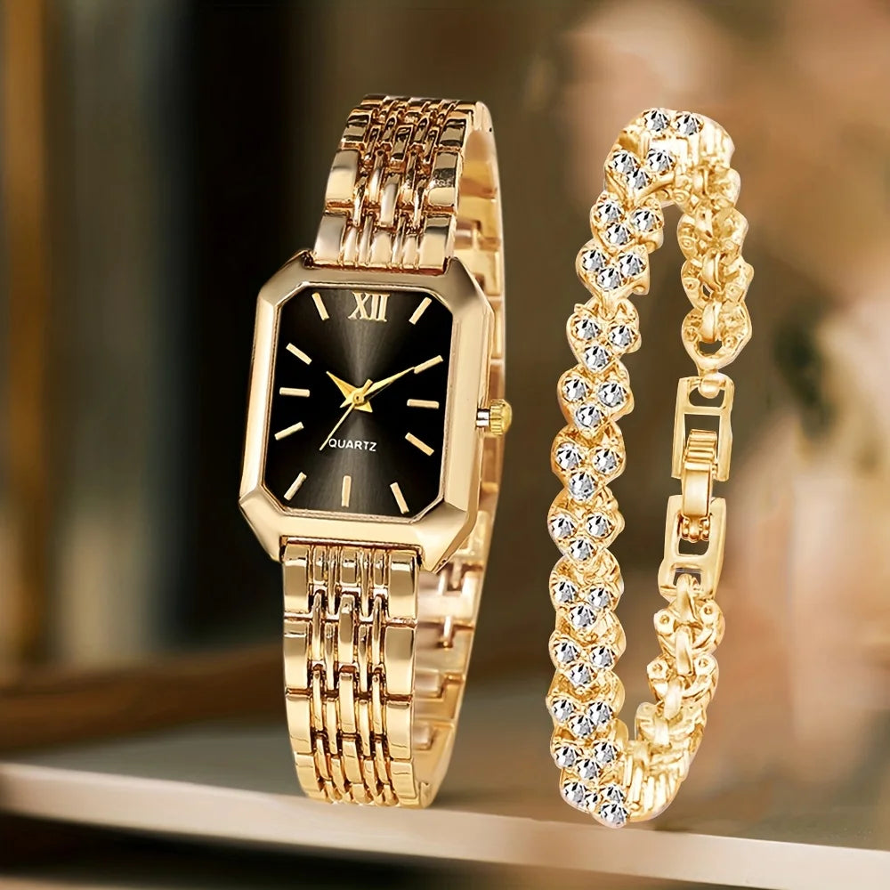 2-piece rectangle quartz watch and rhinestone bracelet gift set, gold case white band