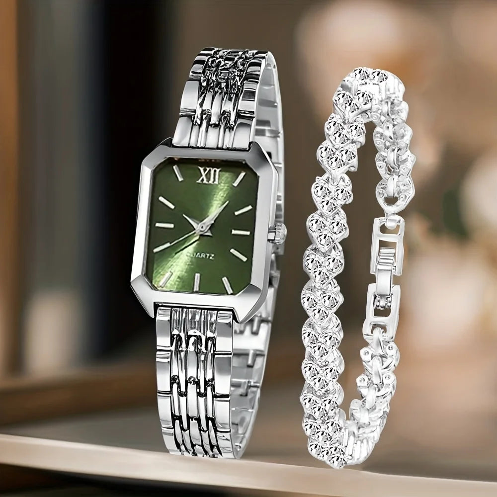 2-piece rectangle quartz watch and rhinestone bracelet gift set, full flat lay