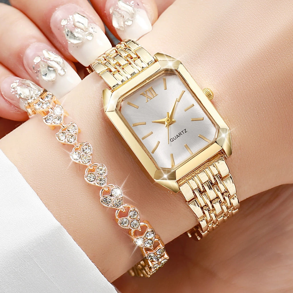 Rectangle quartz watch, gold case black band variant