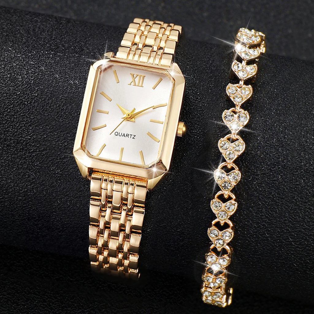 Rectangle quartz watch, gold case pink band variant