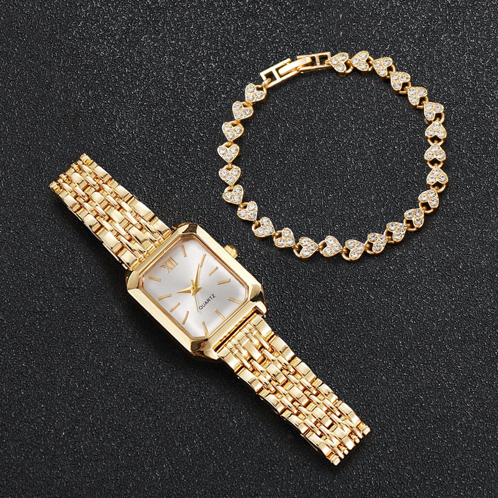 Rectangle quartz watch, gold case green band variant