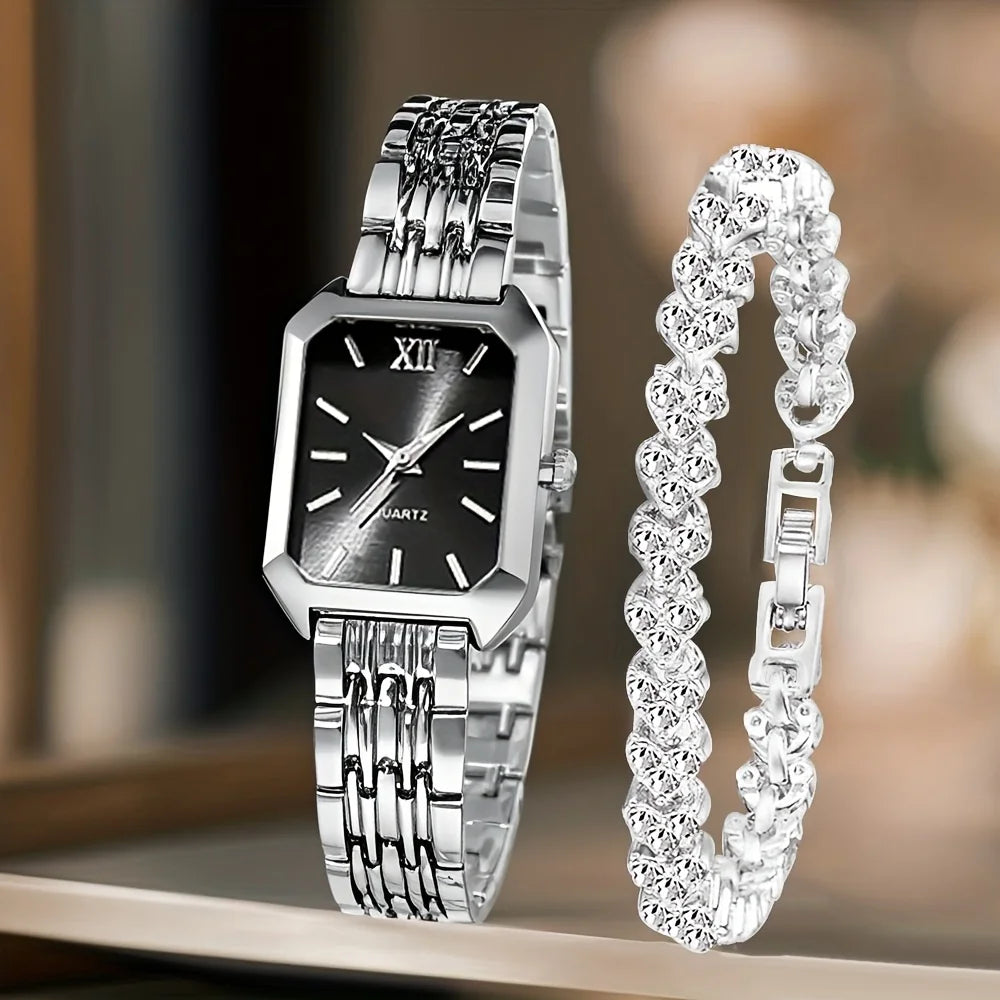 Rectangle quartz watch worn on wrist with rhinestone bracelet