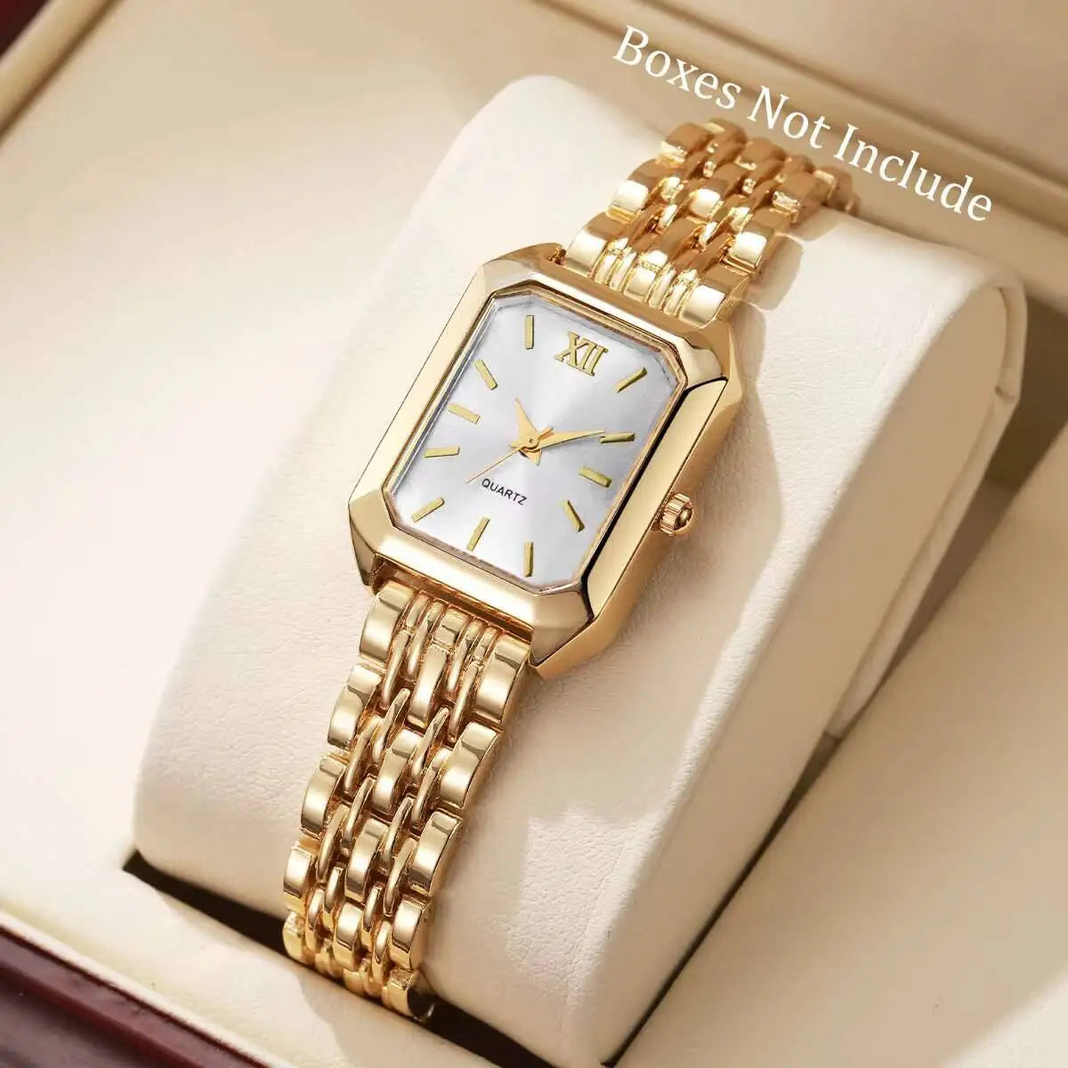 Rectangular gold-tone mesh quartz watch, faceted bevel-glass lens detail
