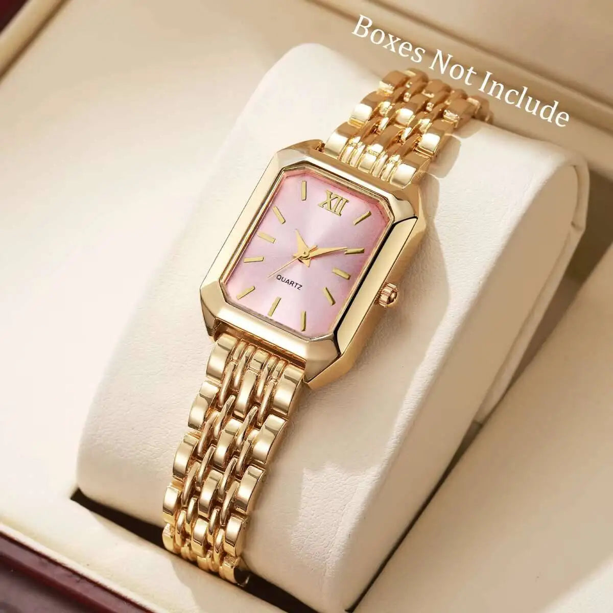 Rectangular gold-tone mesh quartz watch, fold-over clasp detail