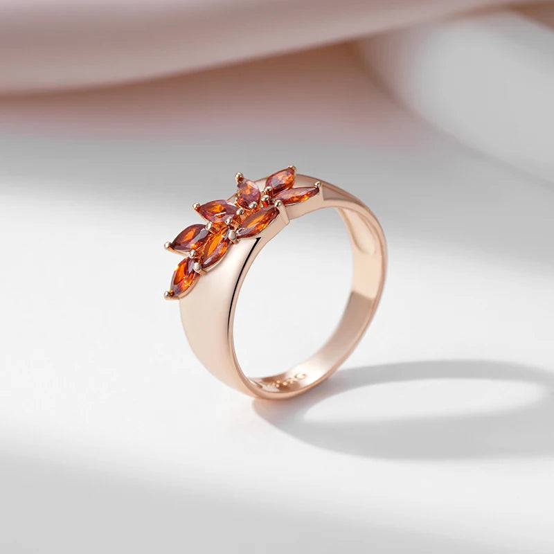 Angled view of rose gold-plated leaf ring