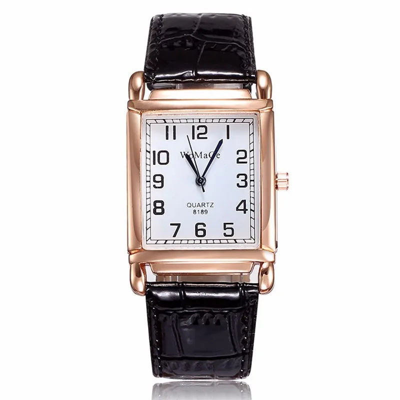 Rose Gold-Tone Square Watch with Black Faux-Leather Strap – view 9 – front dial view – Varex HQ