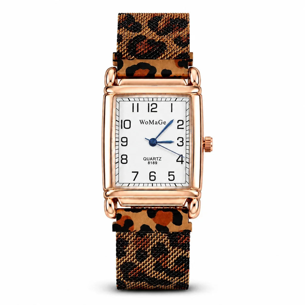 Rose Gold-Tone Square Watch with Leopard Print Strap – view 7 – lifestyle shot – Varex HQ