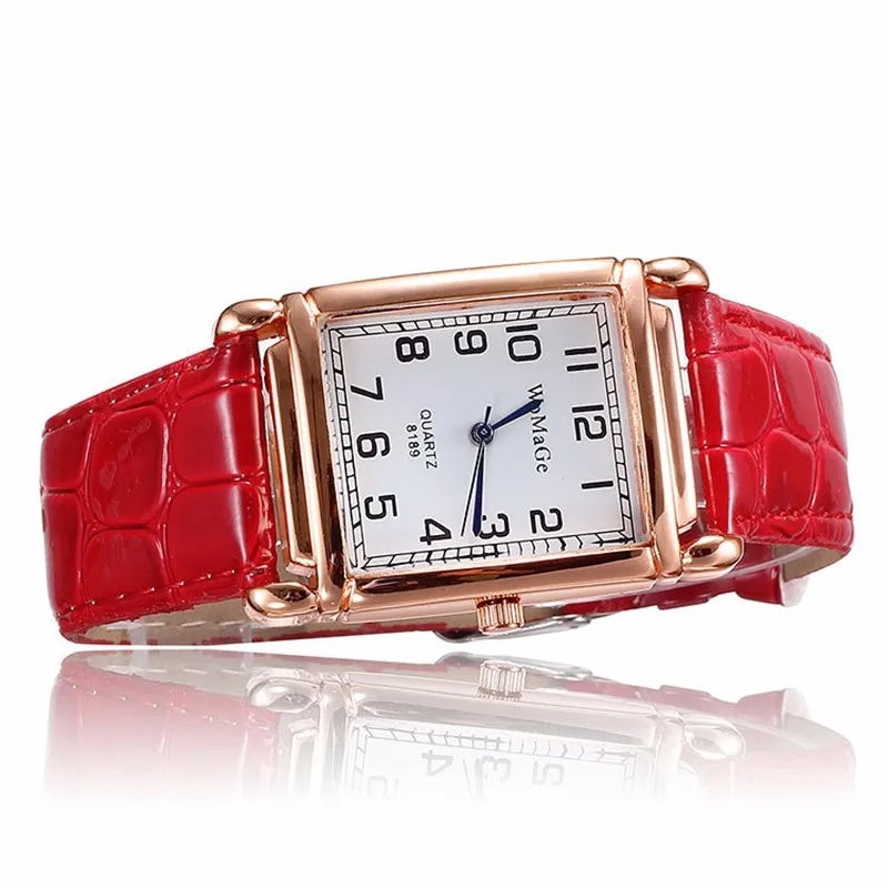 Rose Gold-Tone Square Watch with Red Faux-Leather Strap – view 3 – angled case view – Varex HQ