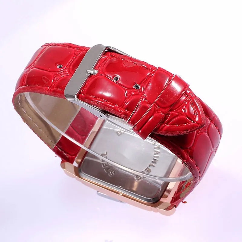 Rose Gold-Tone Square Watch with Red Faux-Leather Strap – view 5 – strap and buckle detail – Varex HQ