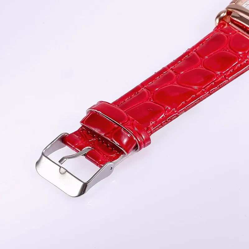 Rose Gold-Tone Square Watch with Red Faux-Leather Strap – view 6 – clasp detail – Varex HQ