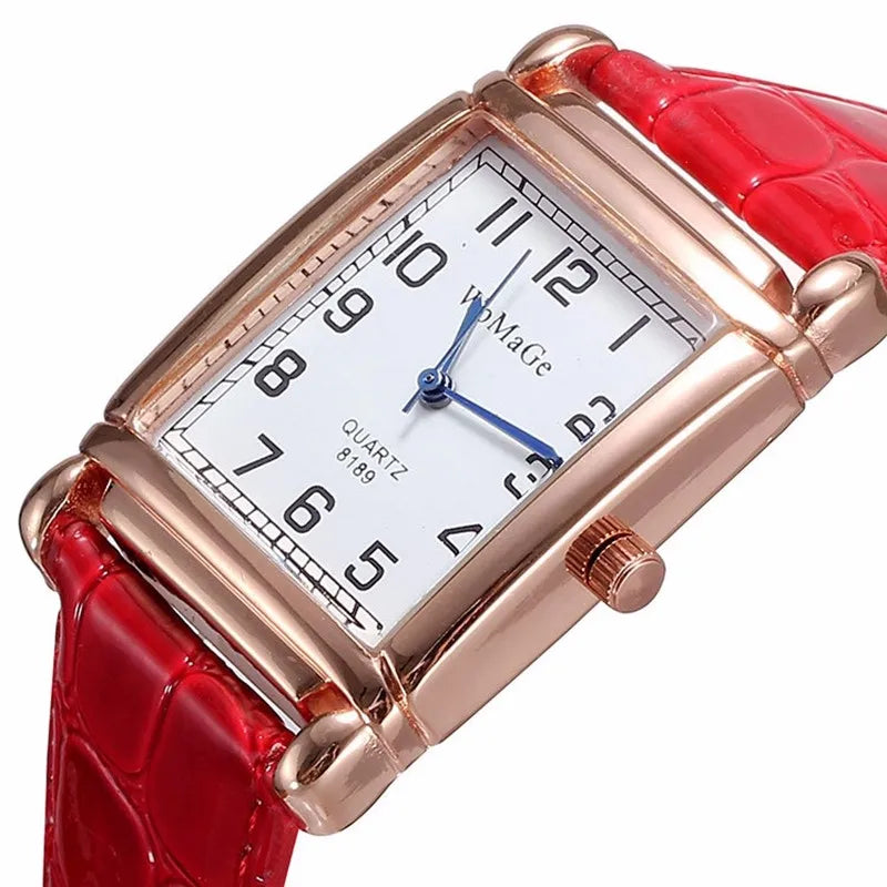 Rose Gold-Tone Square Watch with Red Faux-Leather Strap – view 2 – front dial close-up – Varex HQ