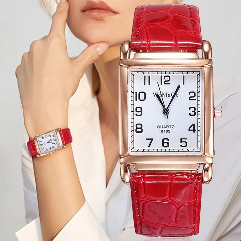 Rose Gold-Tone Square Watch with Red Faux-Leather Strap – view 1 – lifestyle shot on wrist – Varex HQ