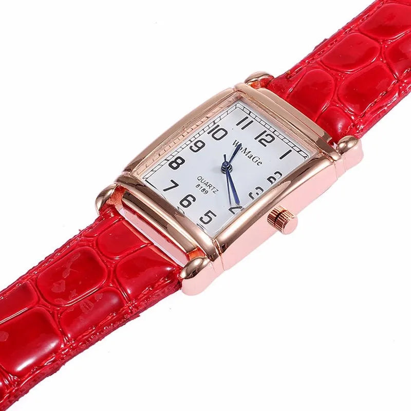 Rose Gold-Tone Square Watch with Red Faux-Leather Strap – view 4 – side wrist view – Varex HQ