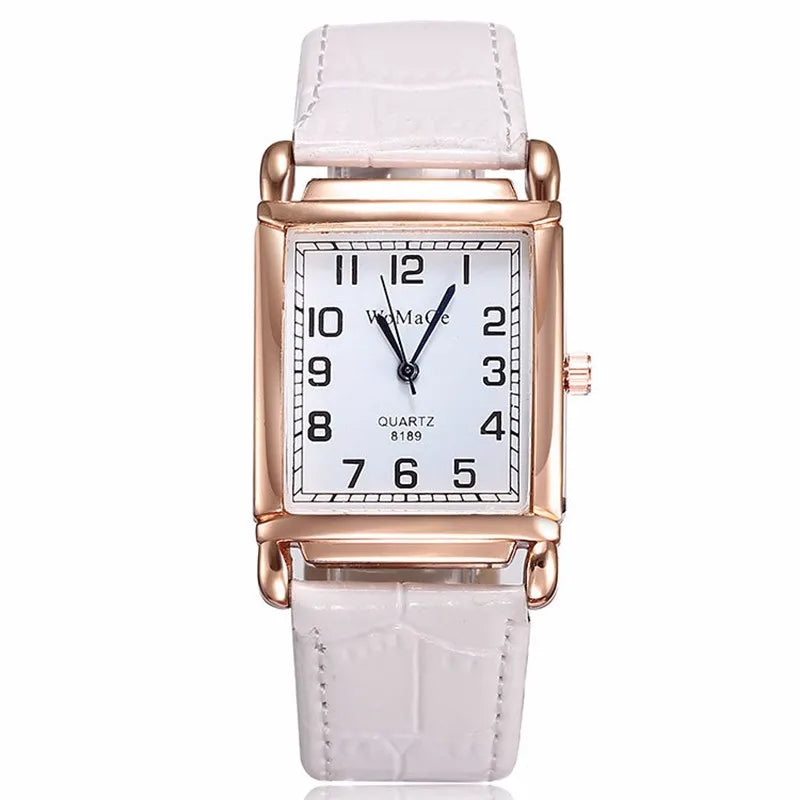 Rose Gold-Tone Square Watch with White Faux-Leather Strap – view 10 – front dial view – Varex HQ