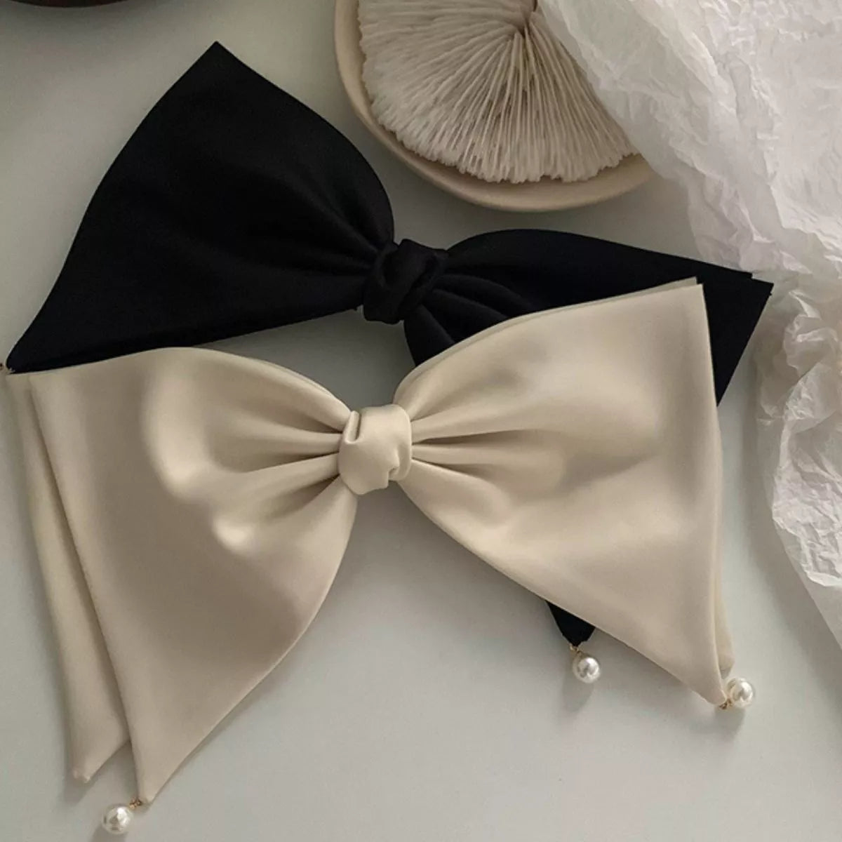 Satin Pearl Bow Hair Clip – Polyester, Beige – Varex HQ