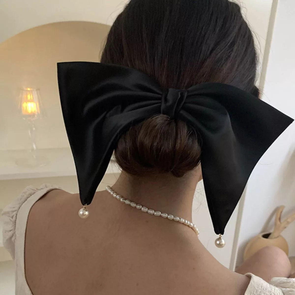 Satin Pearl Bow Hair Clip – Polyester, Black – Varex HQ