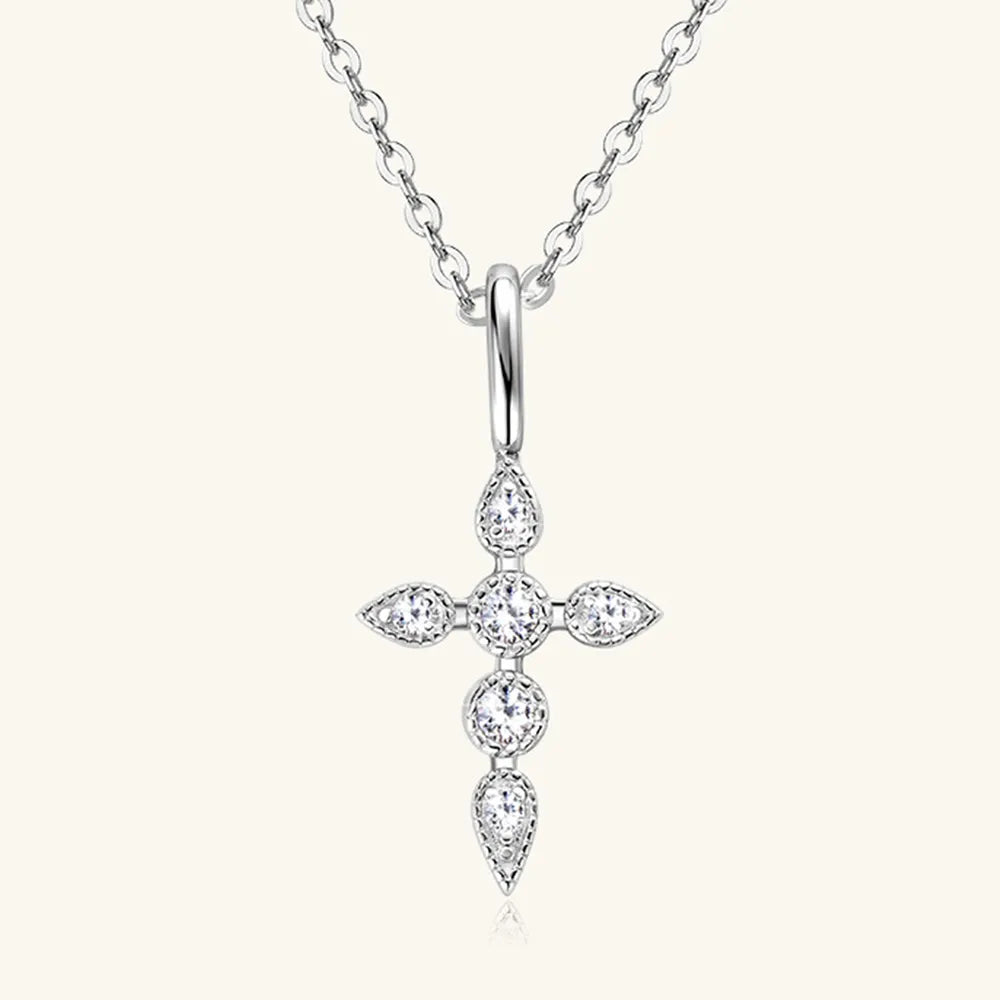 925 sterling silver moissanite cross pendant necklace front view.