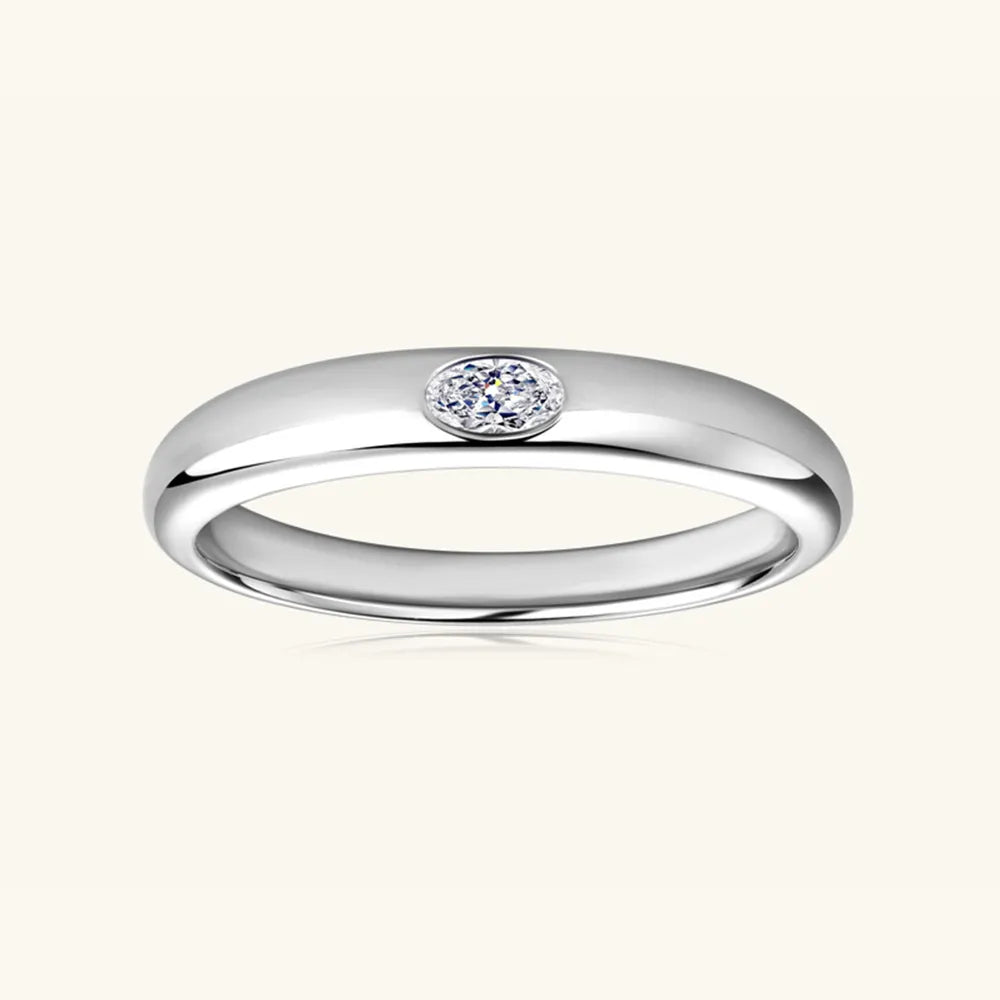 Front view of silver sterling 925 band ring with inlaid square moissanite.