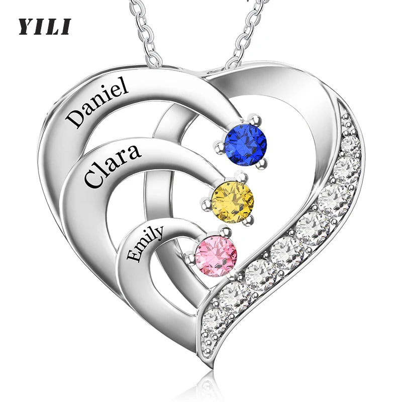 Silver-Tone Birthstone Heart Necklace | Custom Engraved Names Promise Necklace, Gift, additional product photo – Varex HQ