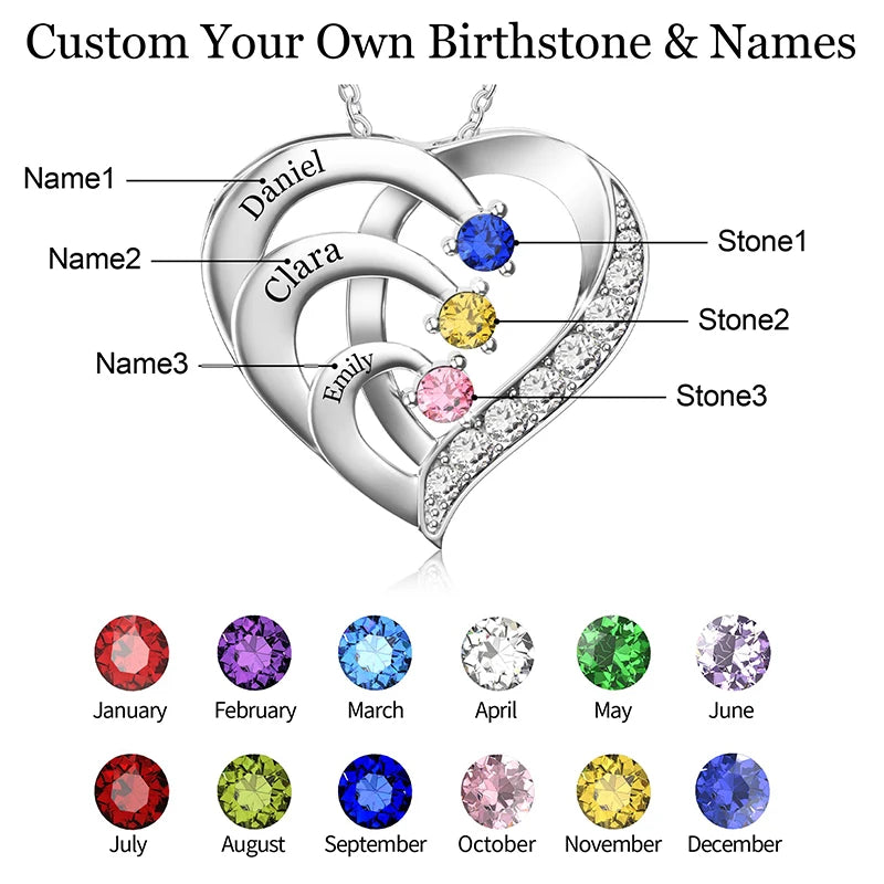 Silver-Tone Birthstone Heart Necklace | Custom Engraved Names Promise Necklace, Gift, additional product photo – Varex HQ