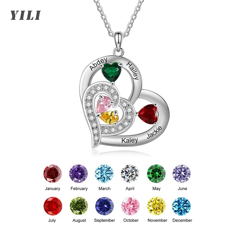 Silver-Tone Birthstone Heart Necklace | Custom Engraved Names Promise Necklace, Gift, silver 1 / 2 names – Varex HQ