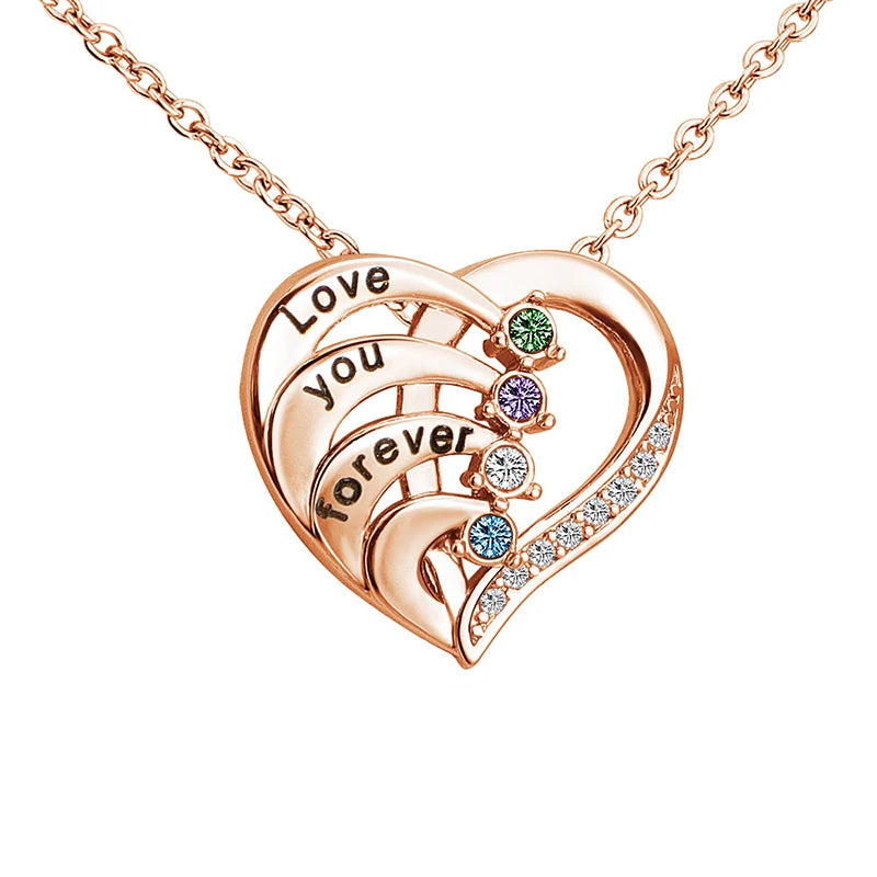 Silver-Tone Birthstone Heart Necklace | Custom Engraved Names Promise Necklace, Gift, rose gold / 3 names – Varex HQ