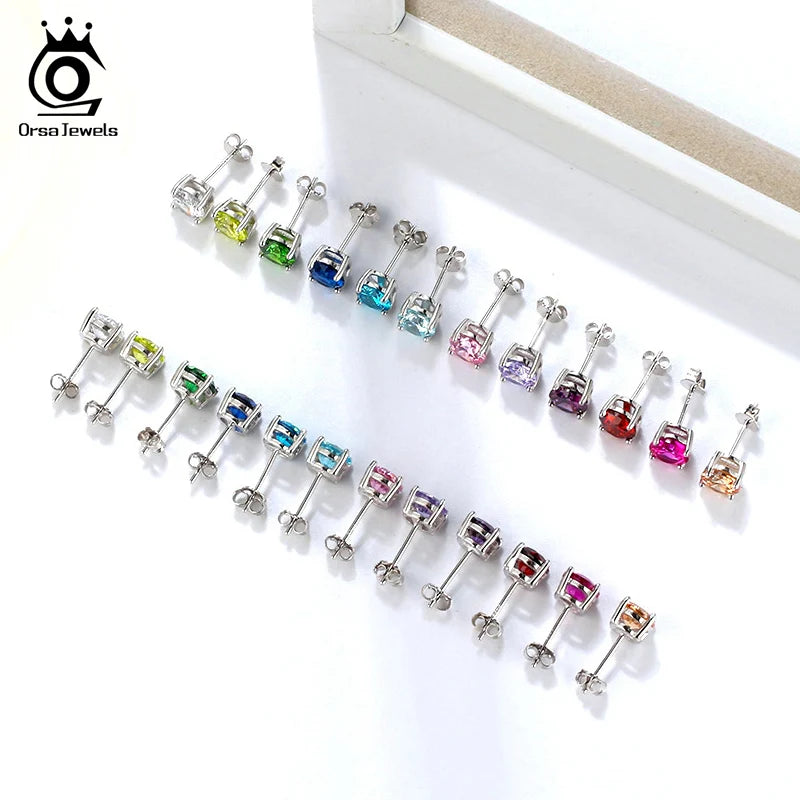 Silver-Tone Birthstone Stud Earrings with Cubic Zirconia – view 3 – Varex HQ