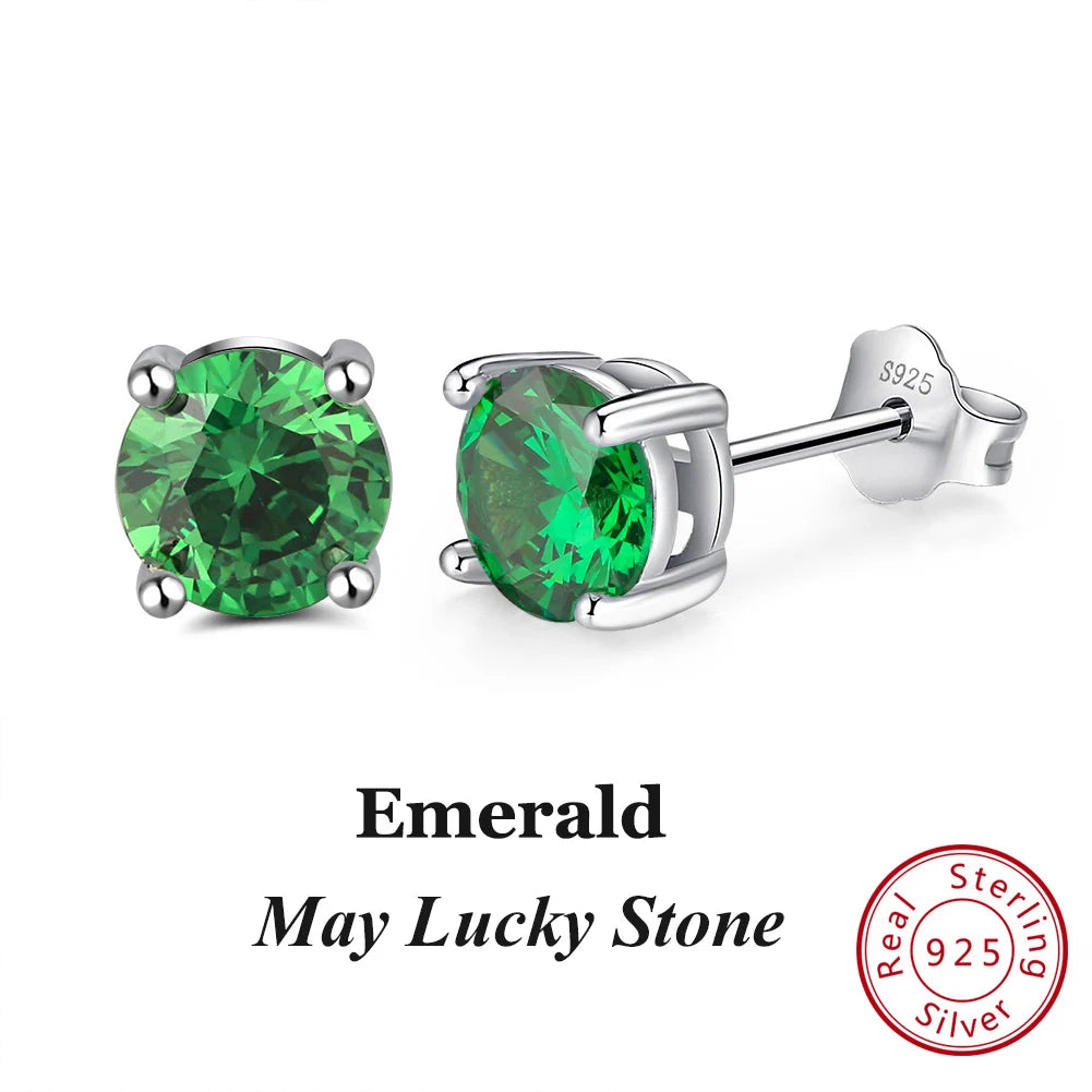 Silver-Tone Birthstone Stud Earrings, May birthstone, green emerald-tone cubic zirconia in sterling silver setting – Varex HQ