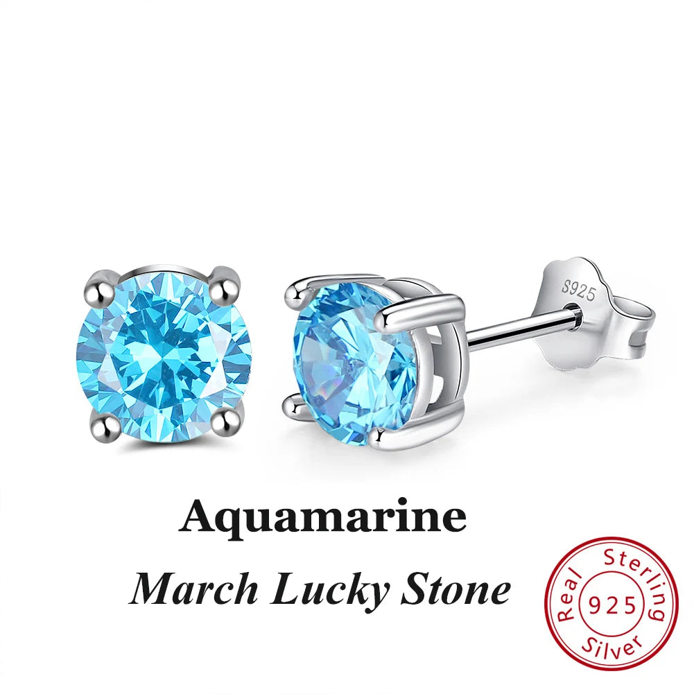 Silver-Tone Birthstone Stud Earrings, March birthstone, light blue aquamarine-tone cubic zirconia in sterling silver setting – Varex HQ
