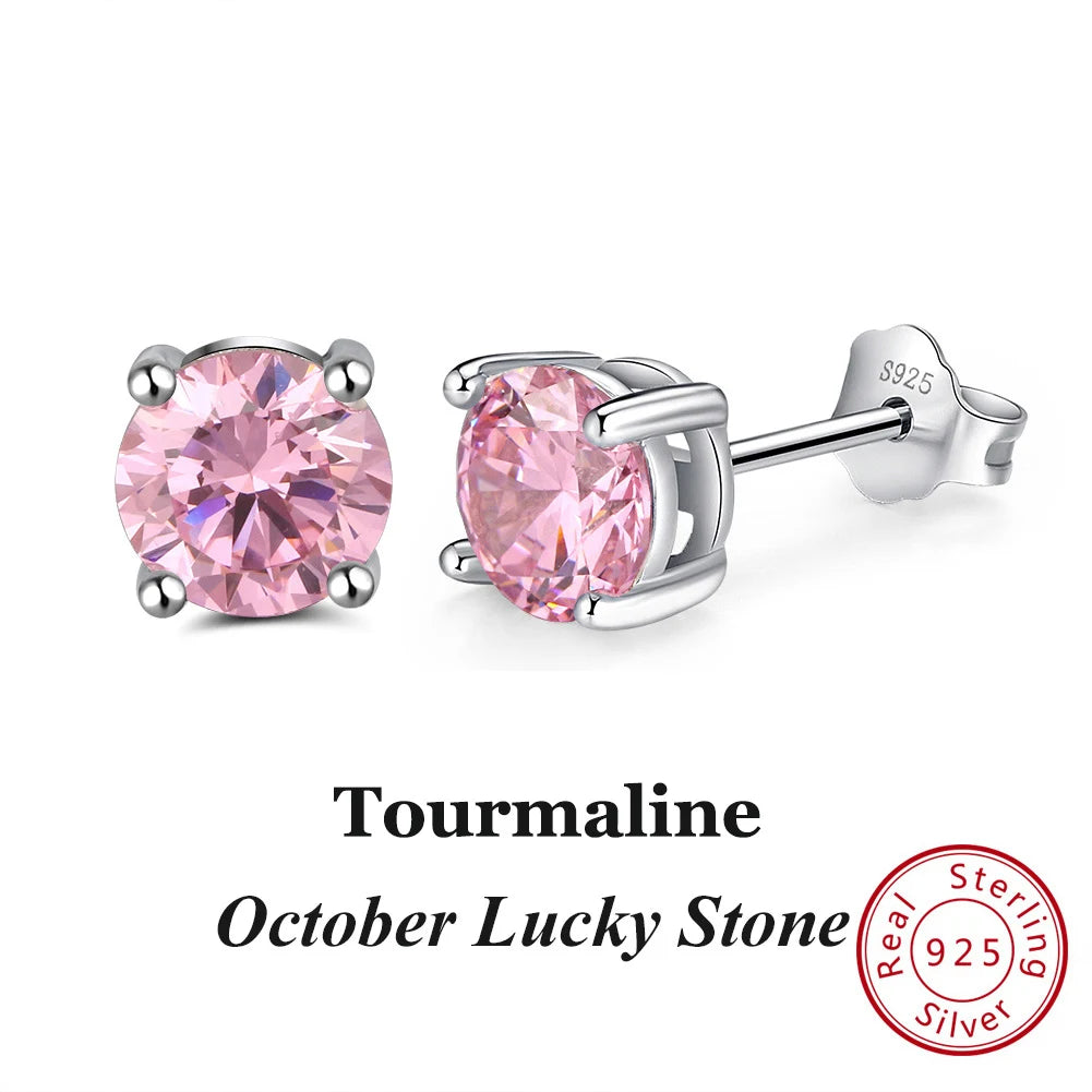 Silver-Tone Birthstone Stud Earrings, October birthstone, pink tourmaline-tone cubic zirconia in sterling silver setting – Varex HQ
