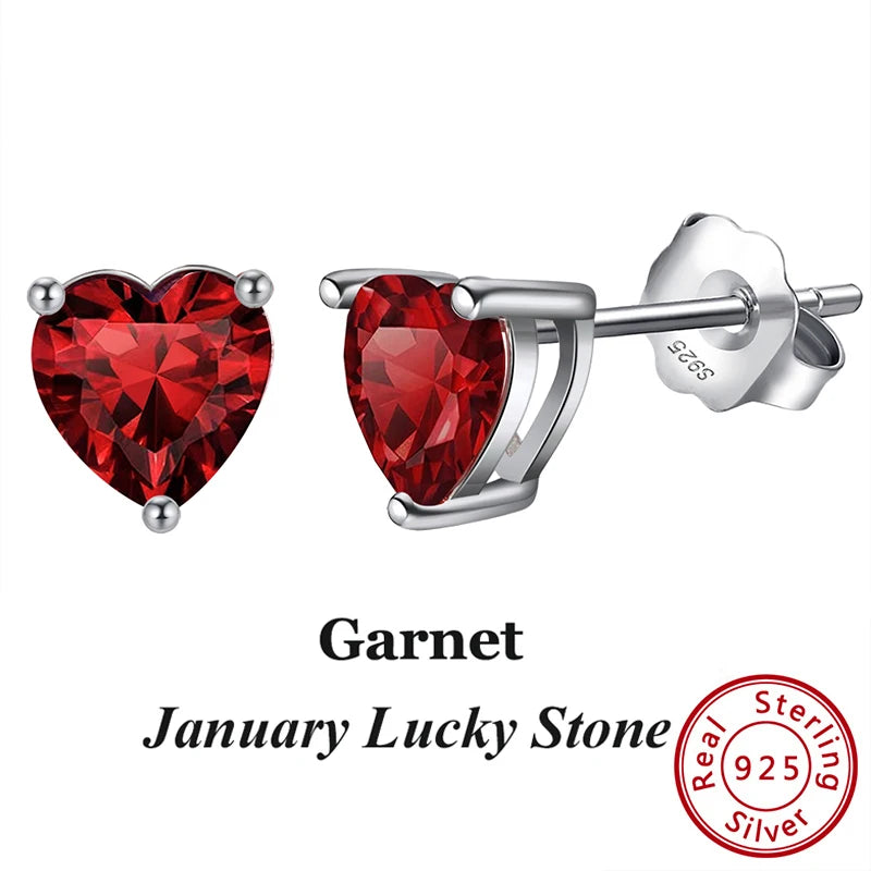 Silver-Tone Birthstone Stud Earrings, January birthstone, deep red garnet-tone cubic zirconia in sterling silver setting – Varex HQ