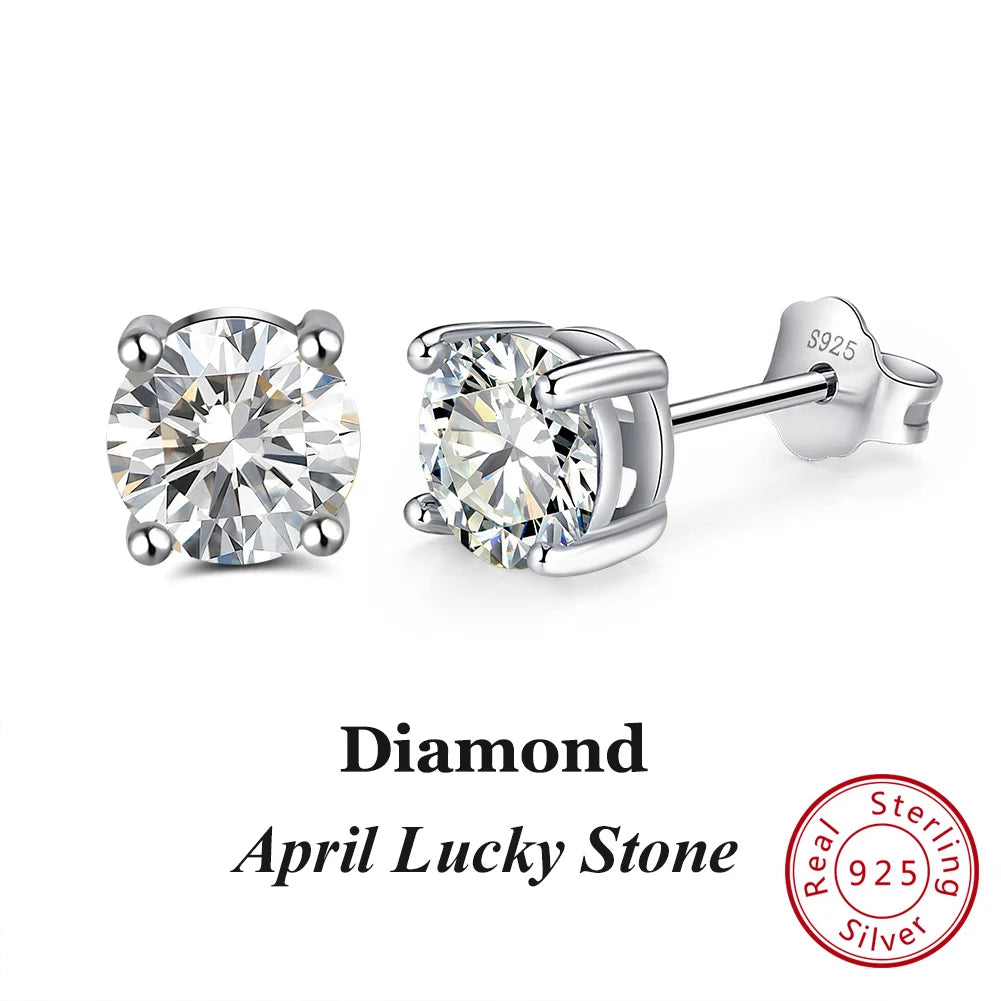 Silver-Tone Birthstone Stud Earrings, April birthstone, clear cubic zirconia (diamond-style) in sterling silver setting – Varex HQ