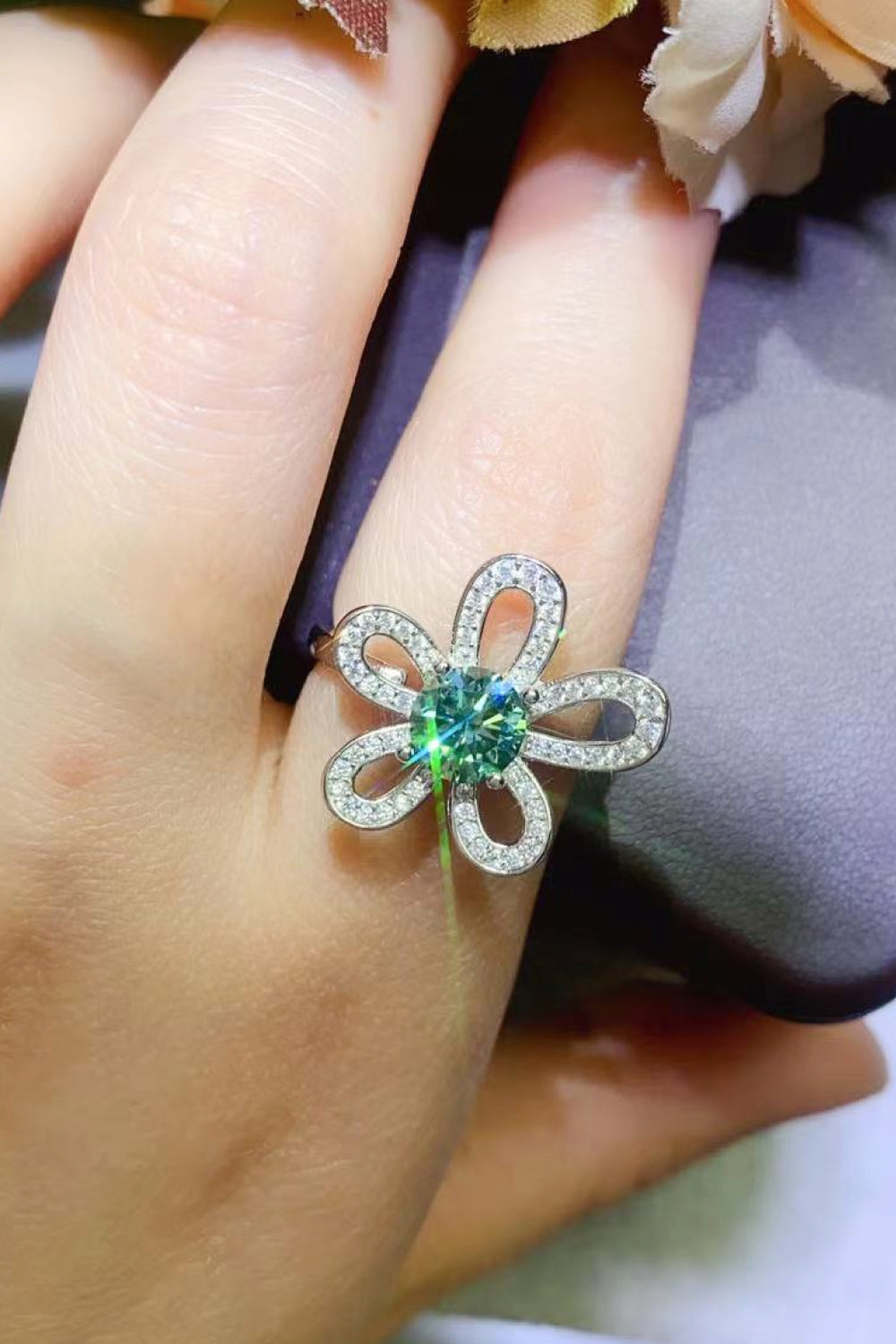 Silver-Tone Moissanite Flower Ring, additional product photo – Varex HQ
