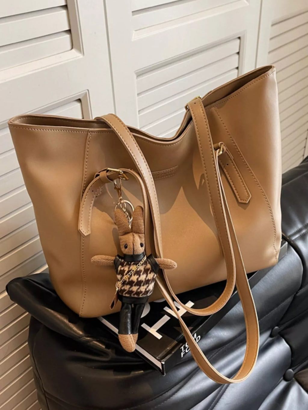 Slouchy vegan leather tote bag - open-top view showing spacious interior