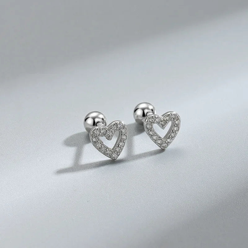 Sparkle heart screw-back cartilage stud earrings with cubic zirconia, styling angle 17 - Varex HQ