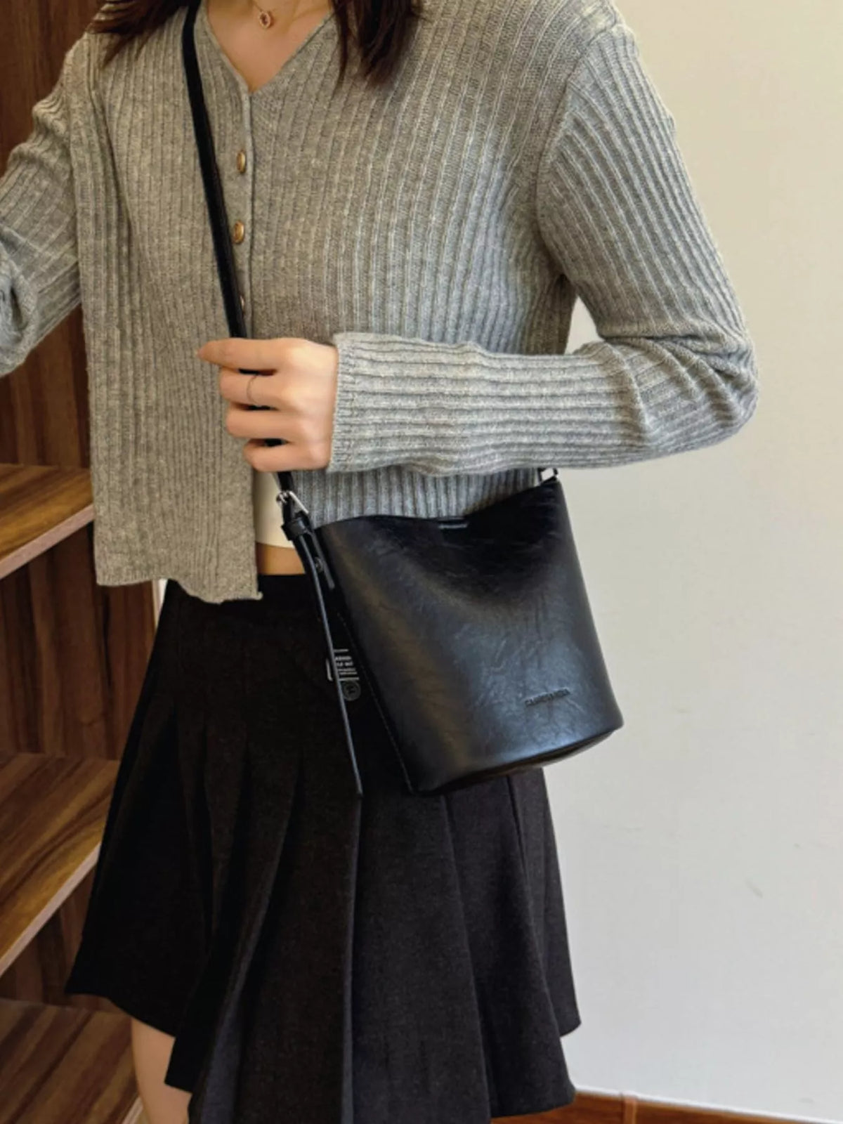 Vegan Leather Bucket Crossbody Bag - drawstring closure detail