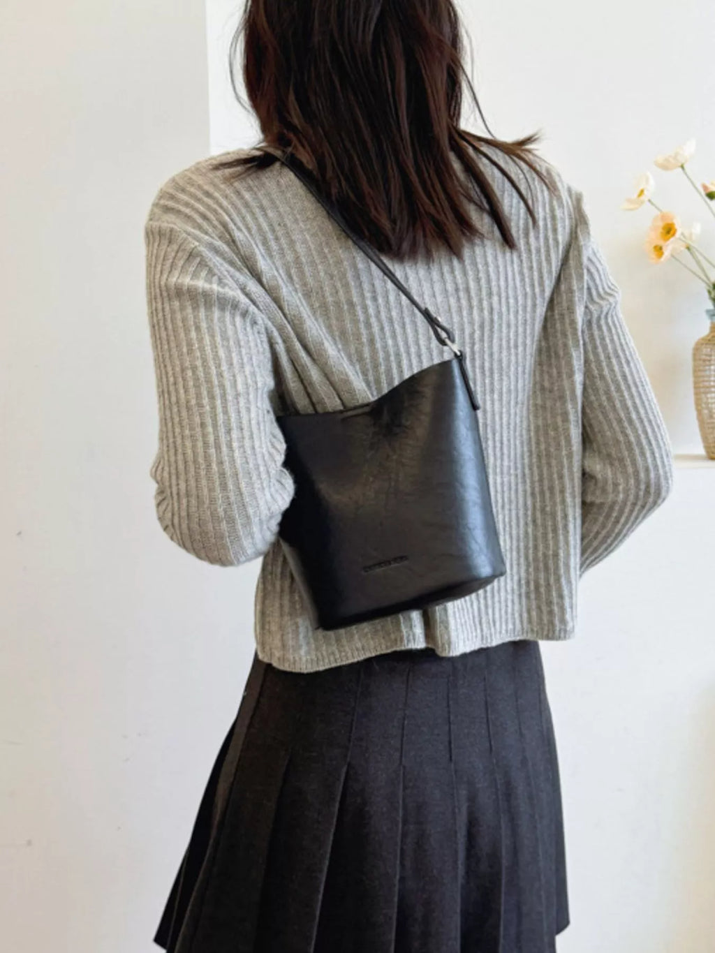 Vegan Leather Bucket Crossbody Bag - interior view