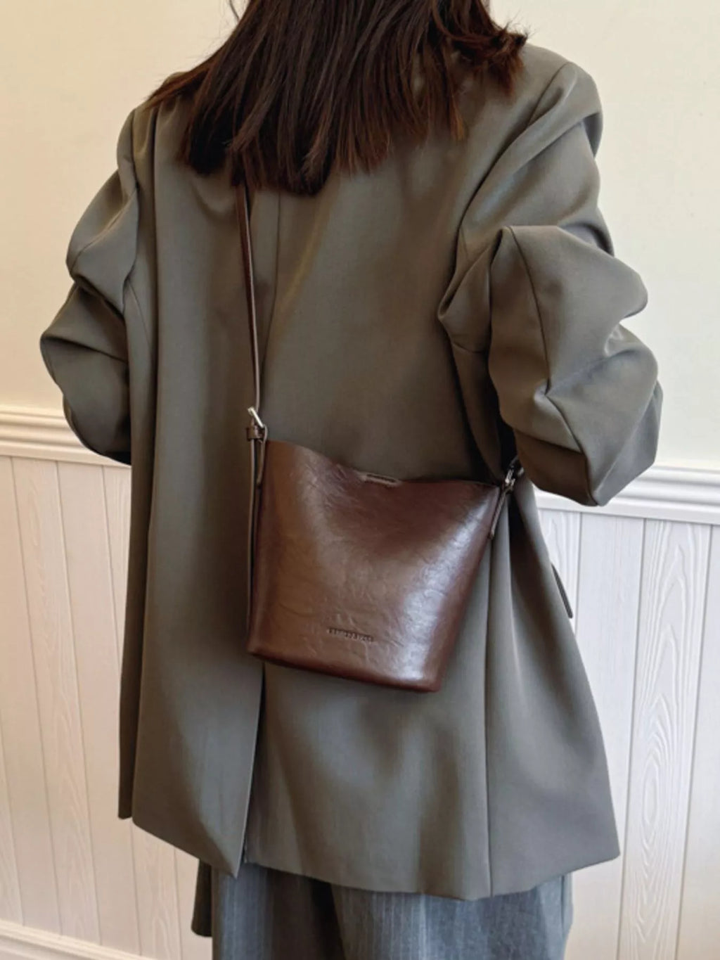 Vegan Leather Bucket Crossbody Bag - lifestyle shot