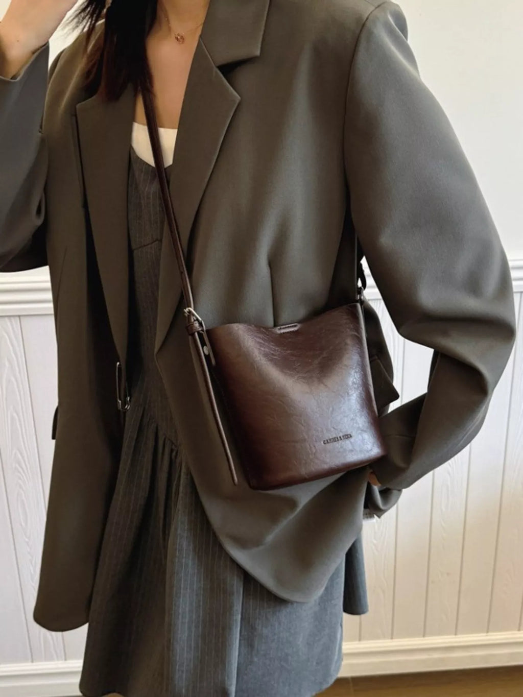 Vegan Leather Bucket Crossbody Bag - adjustable strap detail