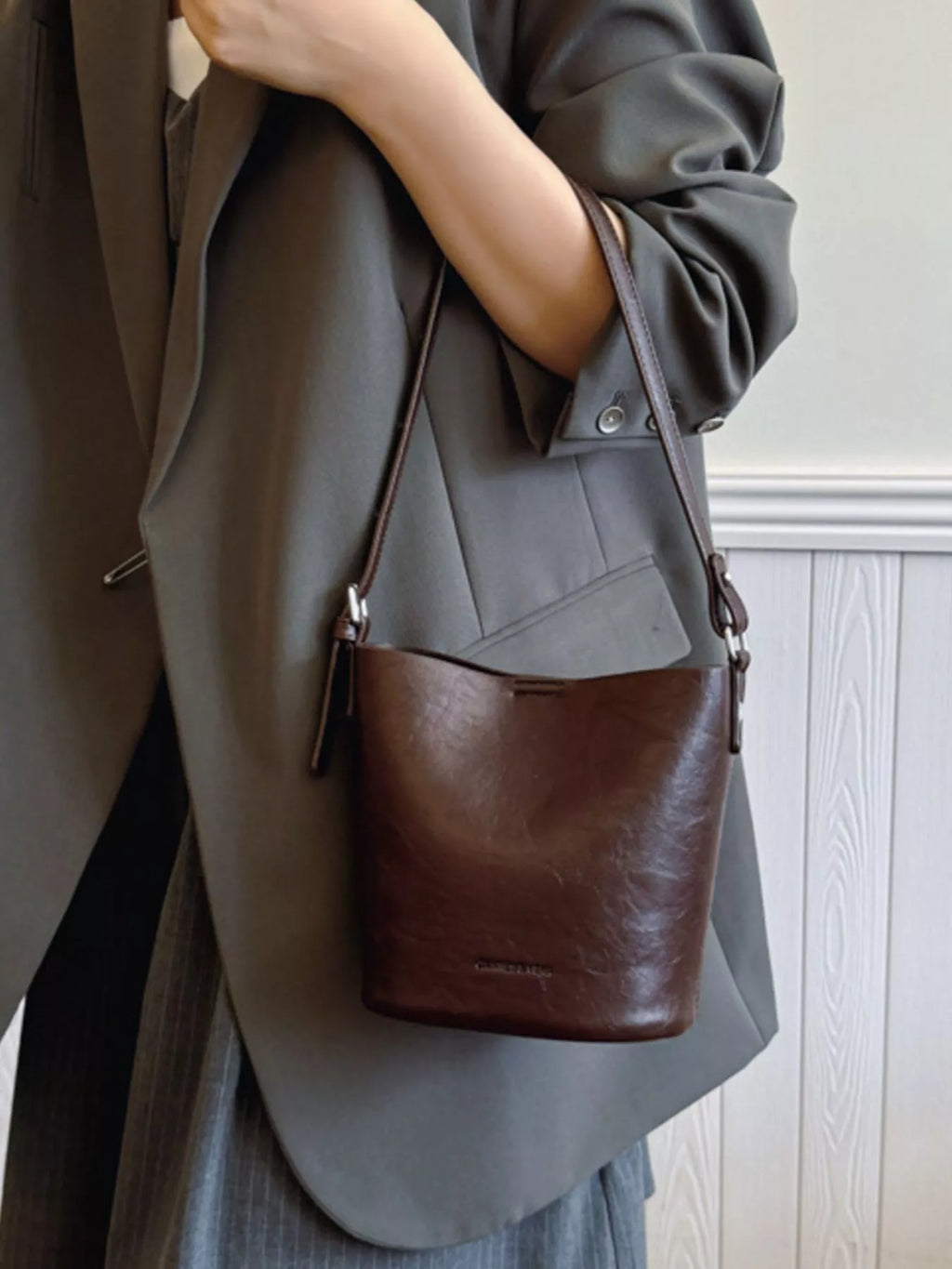 Vegan Leather Bucket Crossbody Bag - styled outfit view
