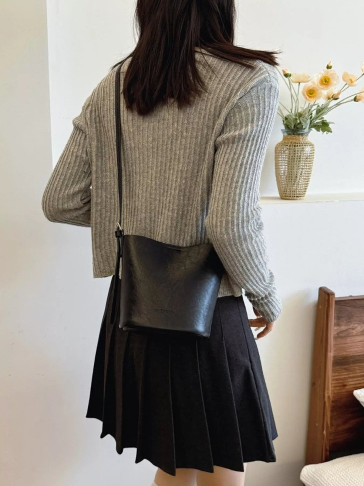 Vegan Leather Bucket Crossbody Bag - worn crossbody