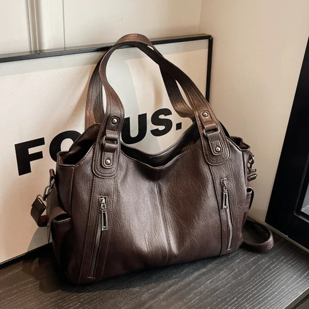 Vertical-Zip Vegan Leather Multi-Compartment Tote in dark brown, front view showing dual zip pockets and structured silhouette – Varex HQ