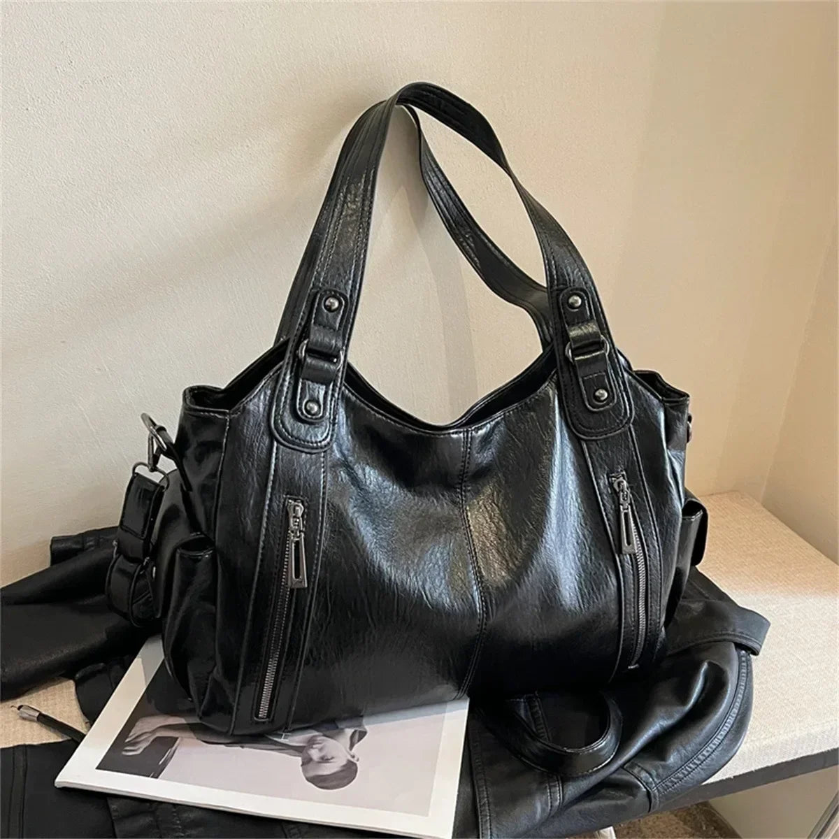 Vertical-Zip Vegan Leather Multi-Compartment Tote in black, 40x25x15cm, product angle showing zip pocket detail – Varex HQ