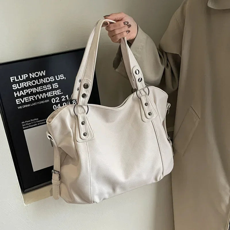 Vertical-Zip Vegan Leather Multi-Compartment Tote in white, 40x27x15cm, product angle showing structured silhouette – Varex HQ