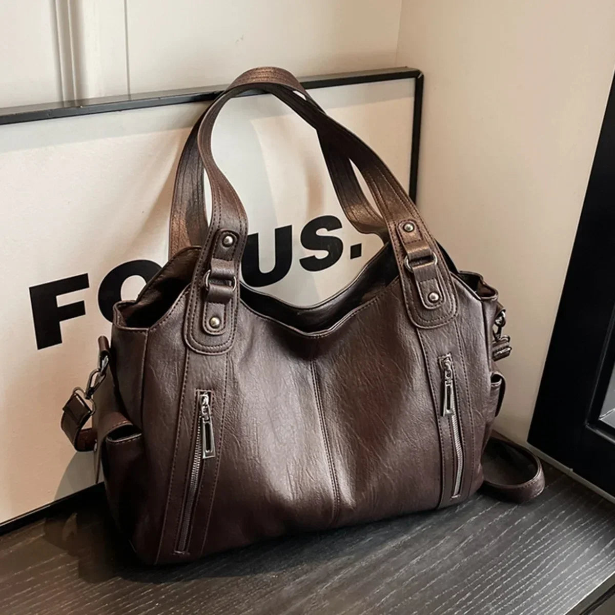 Vertical-Zip Vegan Leather Multi-Compartment Tote in coffee brown, 40x25x15cm, product angle showing dual zip pocket detail – Varex HQ