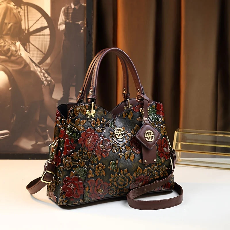 Brown floral vegan leather tote bag - back view showing structured silhouette